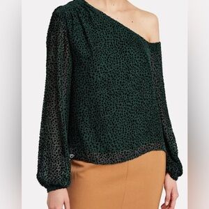 Intermix Geneva Burnout Green Black One Shoulder Silk Top size 2